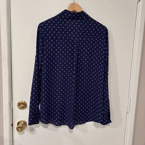 Express Portofino Blue Button Down Shirt Semi Sheer Nautical Anchor Size Large - Picture 3 of 10